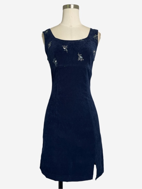 Vintage Dresses & Skirts - Vintage 90s 579 Blue faux suede floral embroidery mini dress fall whimsigoth XS